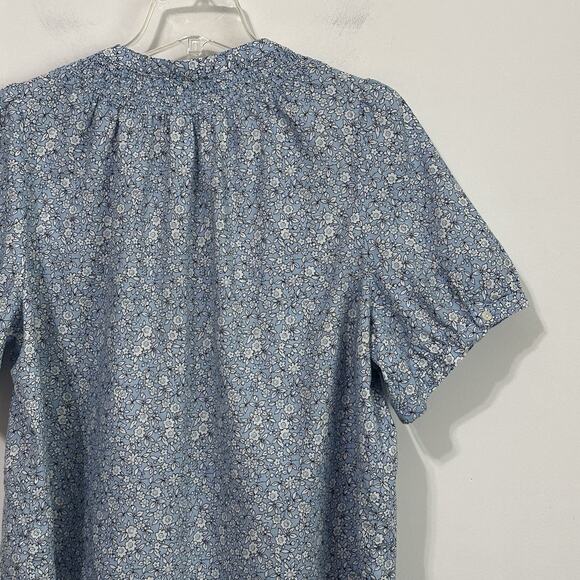 J Crew Blouse XXL Blue‎ Floral Print Puff Sleeve Button Front Preppy Linen Blend - Picture 7 of 9